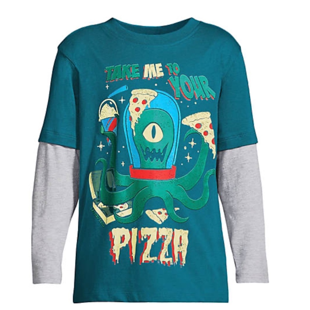 Lands' End Teal and Gray Alien Pizza Long Sleeve Tee